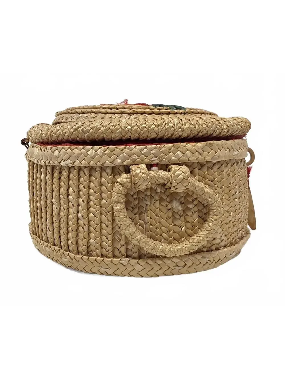Vintage Chinese Raffia Sewing Basket Floral Lid Red Lined With Buttons